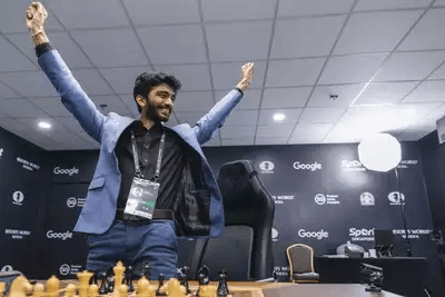 Gukesh Dommaraju celebrating his win over Ding Liren in the FIDE 2024 Chess World Championship